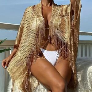 Gold Metallic Fringe Beach Cover-Up Wrap